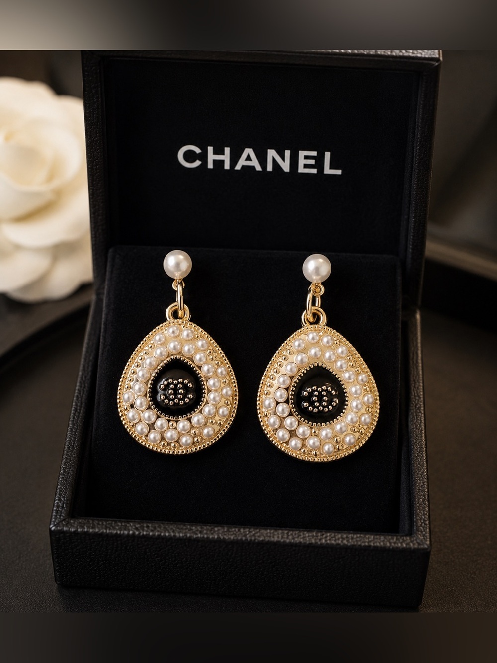 CHANEL Gold-Tone Pearl Drop Earrings with Black Center